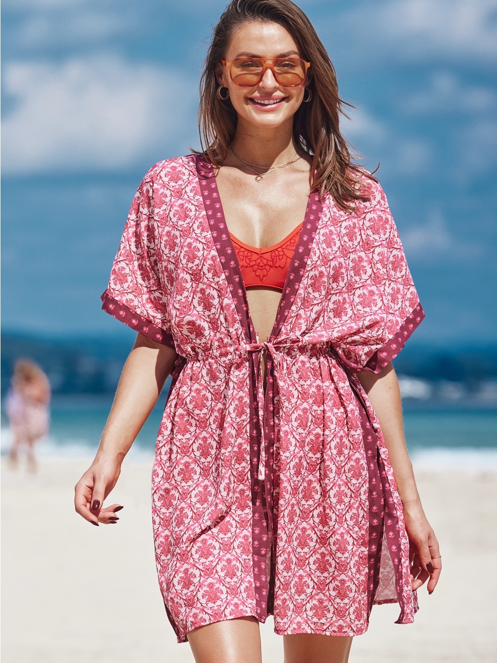 Cupshe Pink Floral Tie-Waist Swim Coverup with Maroon Trim